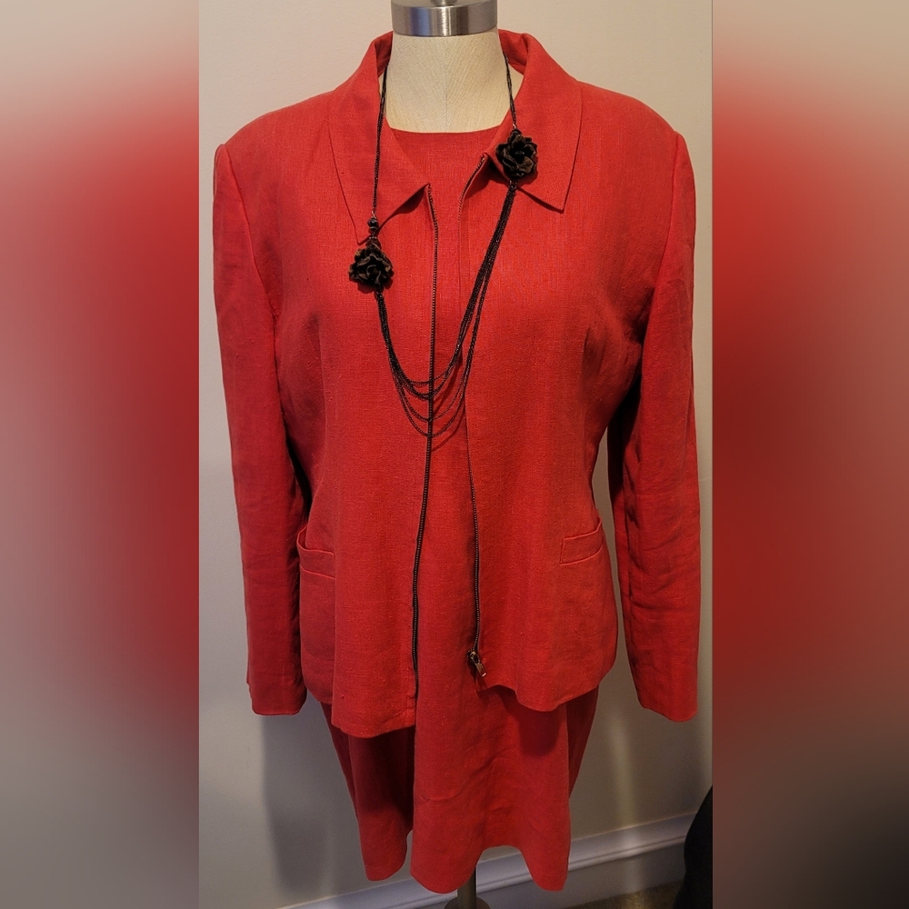 Vtg Carol Horn 100% Linen 2 Piece Dress & Zip-Up Jacket With Vtg Yousi Necklace